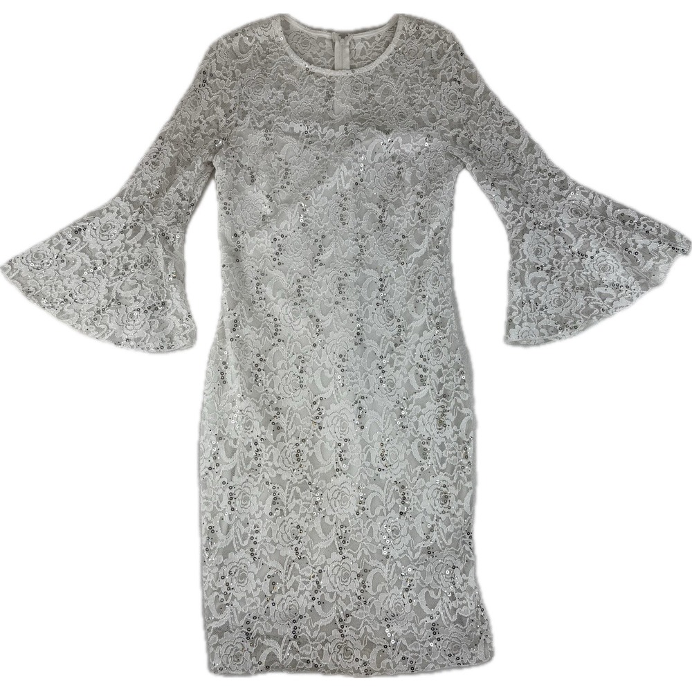 VTG LA SCALA USA Dress Floral Lace Sequin Bell Sleeve Womens M Event Formal Prom